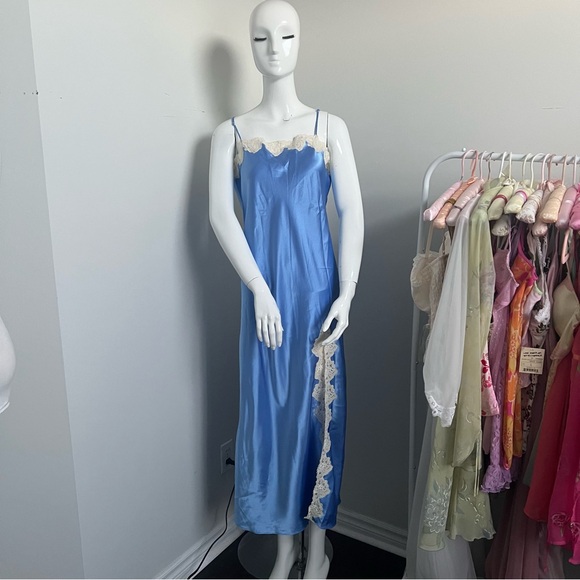 NWT Vintage Blue Satin Lace Trim Slip Dress 90s Lingerie Style Maxi Deadstock L - Picture 2 of 8